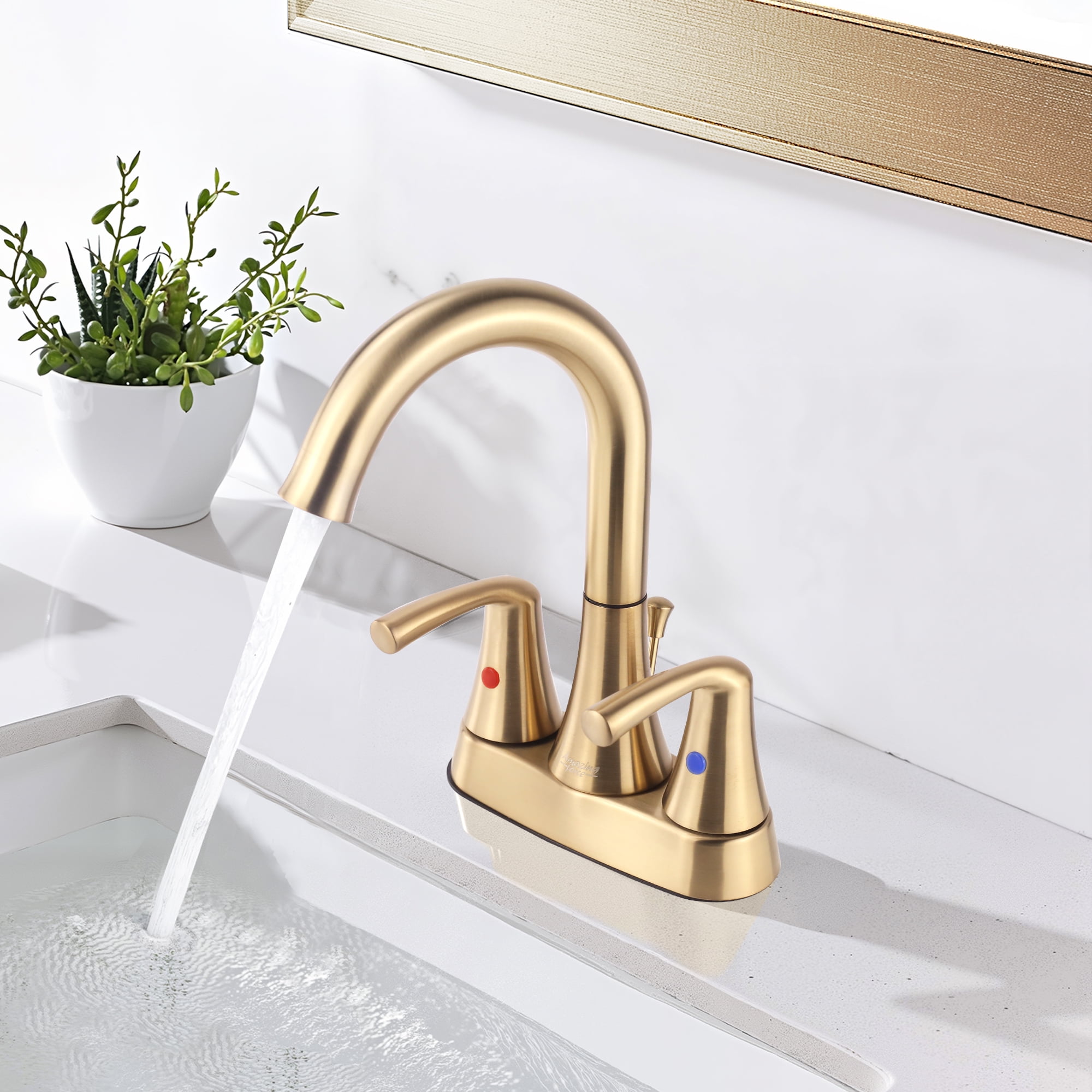 Sunrinx 4-Inch Bathroom Faucet Brushed Gold 2 Handle Centerset High Arc Sink Faucet
