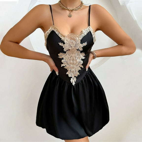 Nrmvnmi Women's Sleepwear & Dresses Retro Solid Applique Slip Nightdress, V Neck Nipped Waist Backless A-line Sleep Mini Dress Mothers day Gifts for Wife