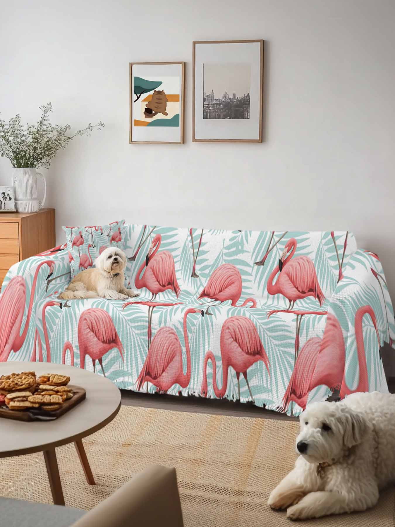 Pink Flamingo Couch Cover, Blue Summer Tropical Plants Leaves Sofa Cover Blanket for Loveseat Couches, Sectional Sofa Slipcover Furniture Protector for Living Room Bedroom 71''x118''