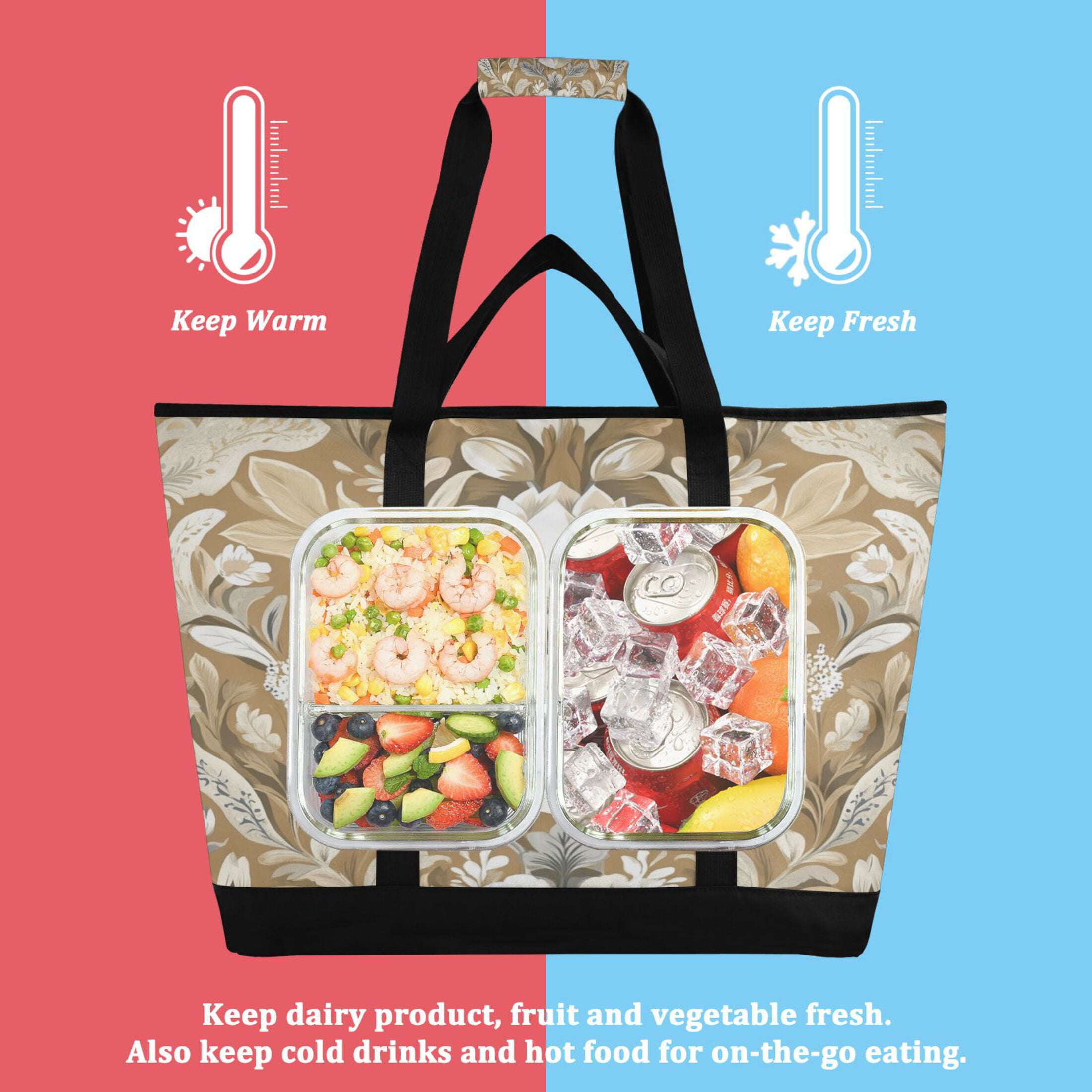 Large Hand-held Ice Pack Picnic Bag Insulation and Refrigeration Suitable for Shopping Picnics and Camping Beautiful Brown Flower