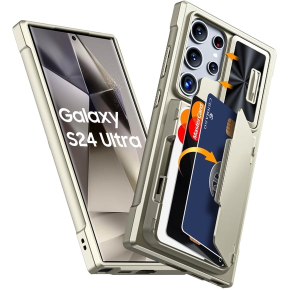 Oupeigar para Samsung Galaxy S24 Ultra Funda de Teléfono con Soporte para Tarjetas RFID (Almacena 4 Tarjetas)&Cubierta de Cámara y Soporte, Funda de Silicona a Prueba de Golpes-titanio