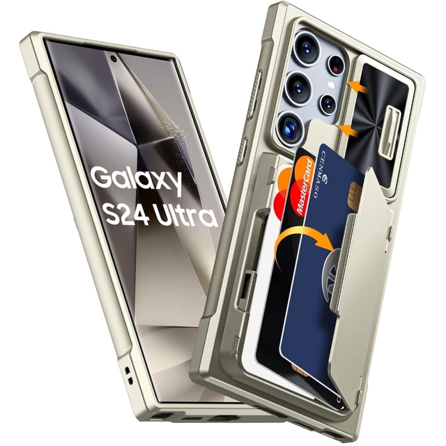 Oupeigar para Samsung Galaxy S24 Ultra Funda de Teléfono con Soporte para Tarjetas RFID (Almacena 4 Tarjetas)&Cubierta de Cámara y Soporte, Funda de Silicona a Prueba de Golpes-titanio