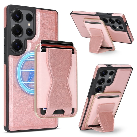 Allytechgroup for Samsung Galaxy S26 Protective Case with Magnetic Card Pocket & Kickstand, Shock-Absorbent PC TPU Anti-Fingerprint Wireless Charging for Samsung Galaxy S26, Pink