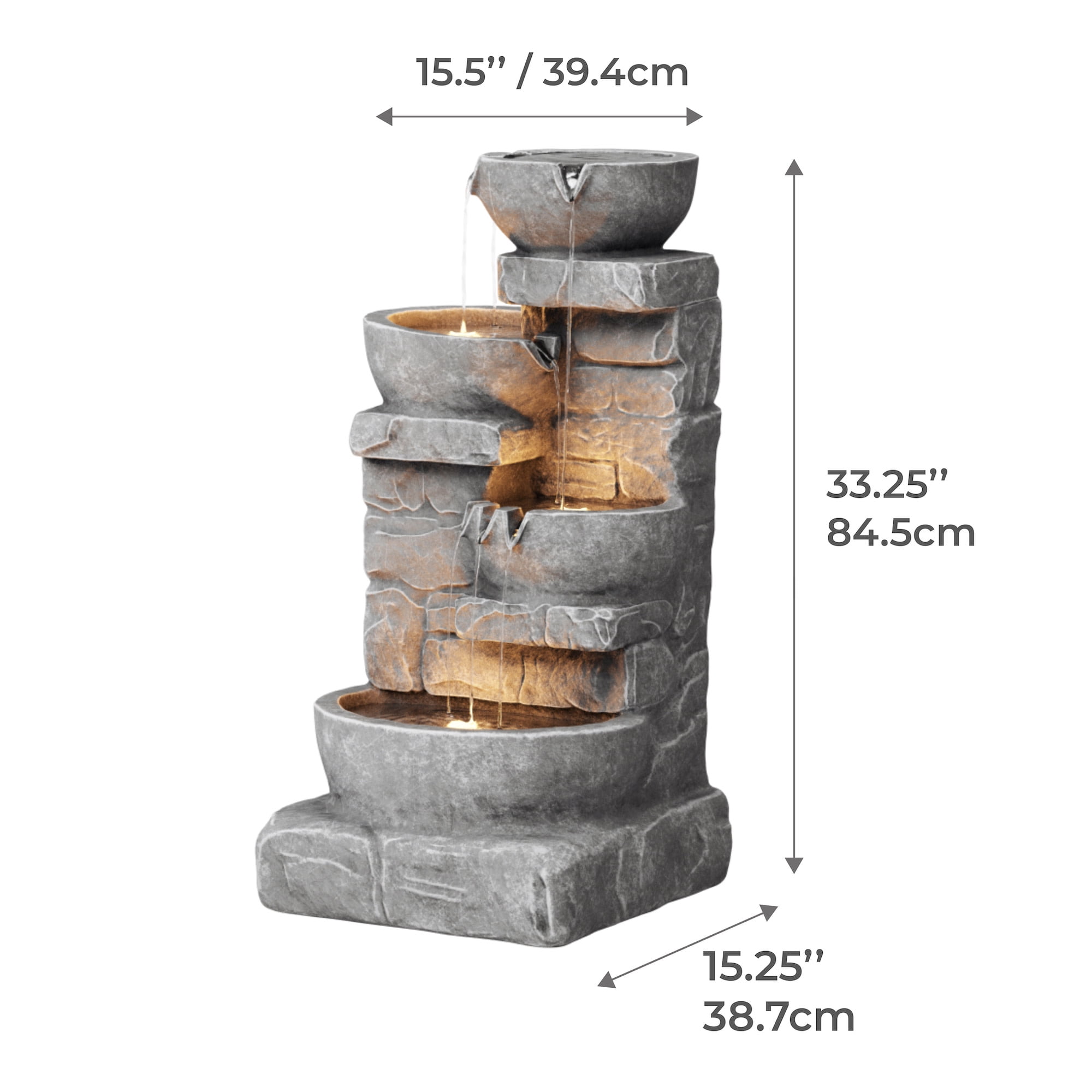 Teamson Home Cascading Stacked Stones Patio Water Fountain, Warm LED Light with Adjustable Flow & Electric Pump, Gray
