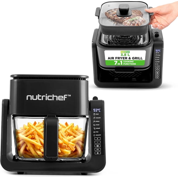 Freidora de Aire y Parrilla Electrica NutriChef, Olla de Vidrio Transparente 2 en 1 de 4 Litros Y Diseño de Doble Nivel, 7 Modos, Acero Inoxidable
