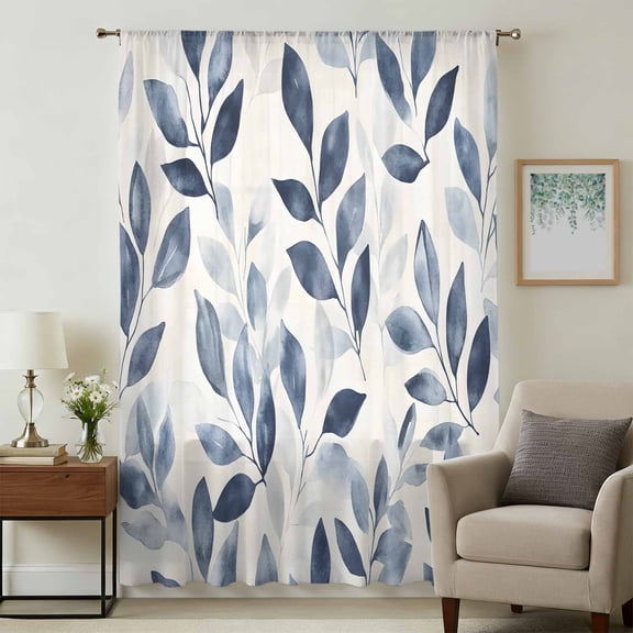 Navy Blue Botanical Sheer Curtains 108" Extra Long, Pastoral Spring Leaves Watercolor Light Filering Curtains, Privacy Drapes Simi Floor to Veiling Curtain for Living Room Bedroom Window Treatment