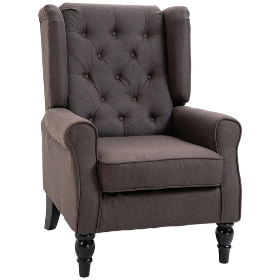 Dark Brown Tufted Accent Chair with Round Armrests and Wooden Legs for Living Room