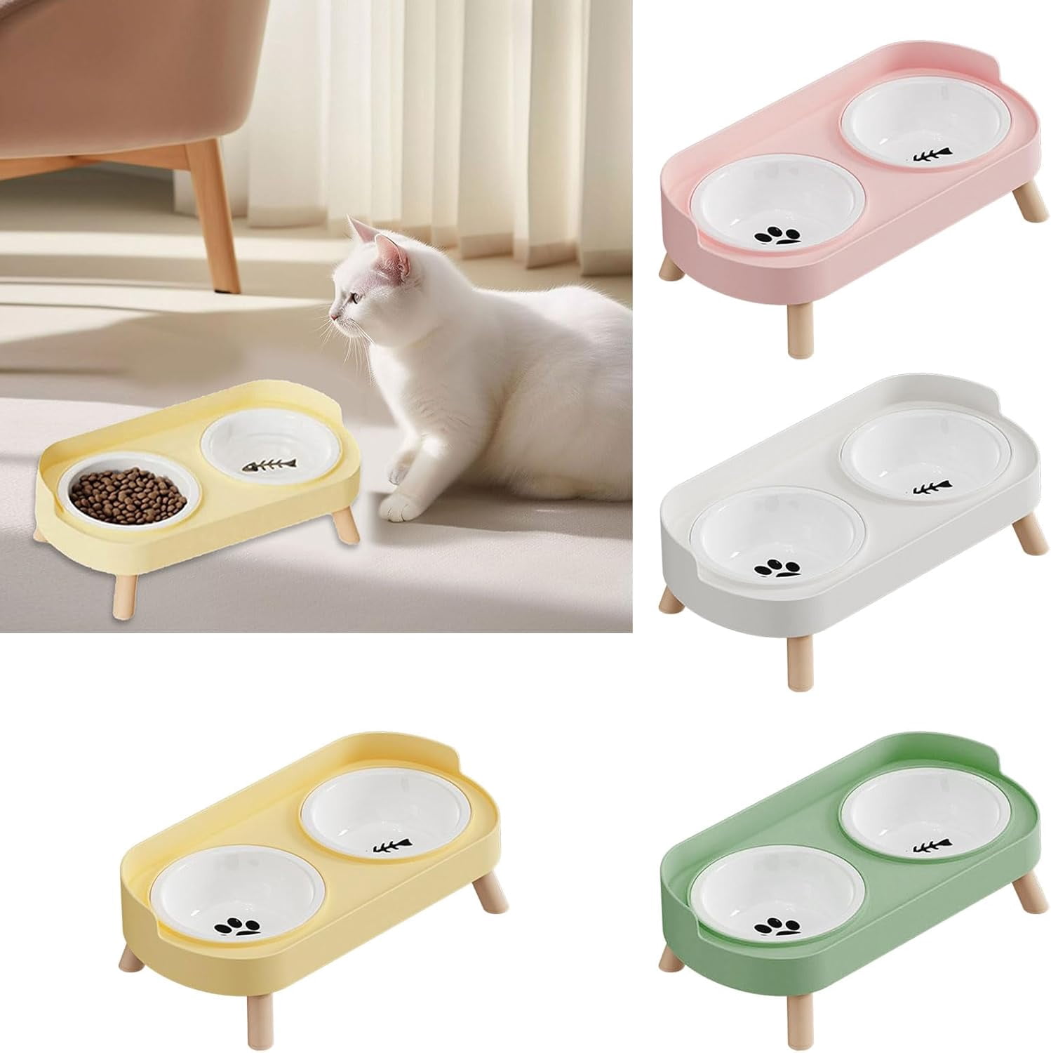 Ceramic Double Bowl Dog Cat Feeder, Food and Water, Dishwasher Safe
