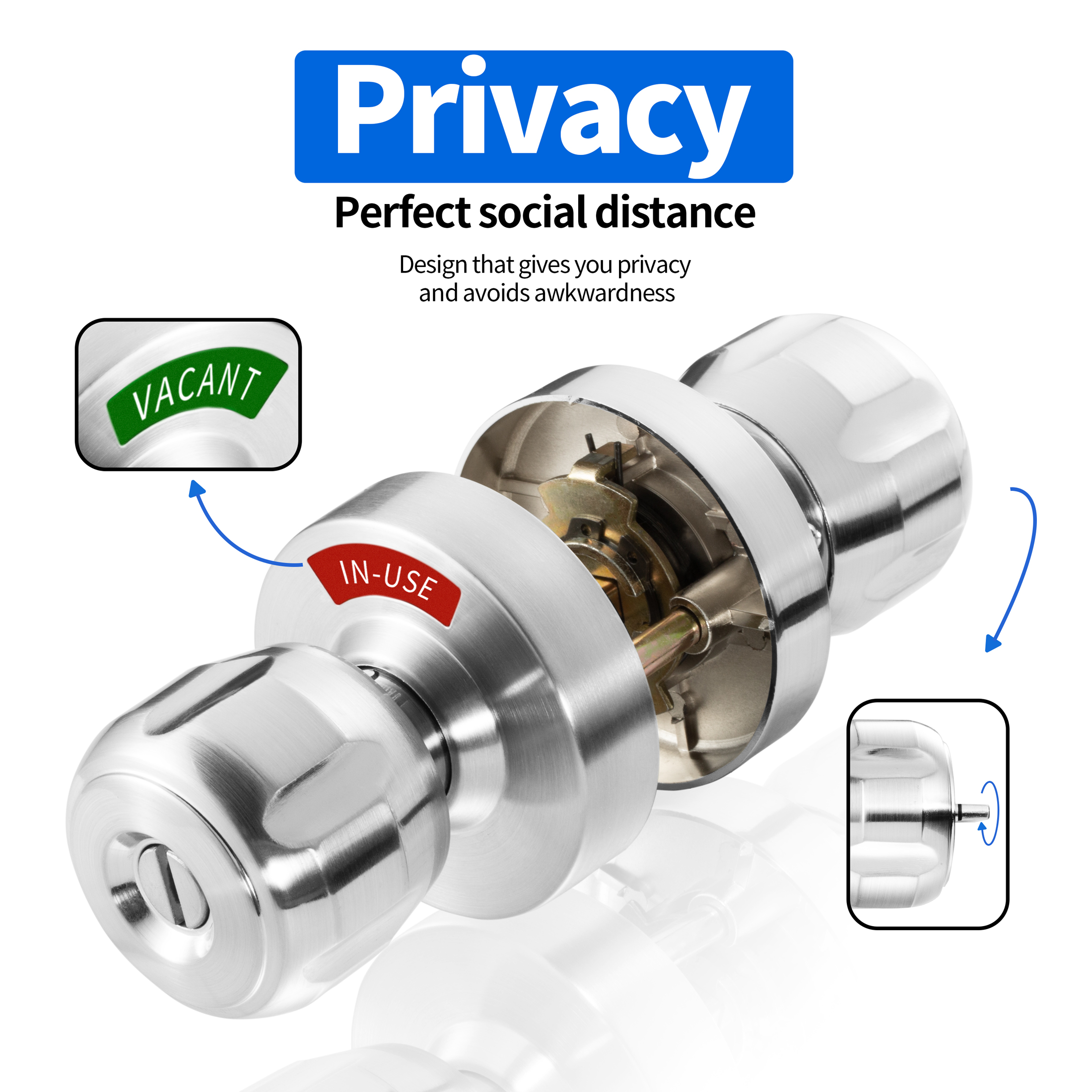 Men or Women Bathroom Privacy Door Knob Lock with Large Indicator, Thumbturn Lock, ANSI Grade2, for Office Home Apartment Airbnb Restrooms