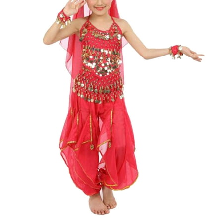 TopTie Kid's Belly Dance Costume Set, Halter Top, Harem Pants, Hip Scarf-rose red-M