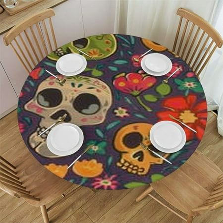 

Colorful Sugar Skull Round Fitted Tablecloth Cute Mask Round Table Cloth with Elastic Edged Waterproof Table Cover Fits Tables up to Diameter