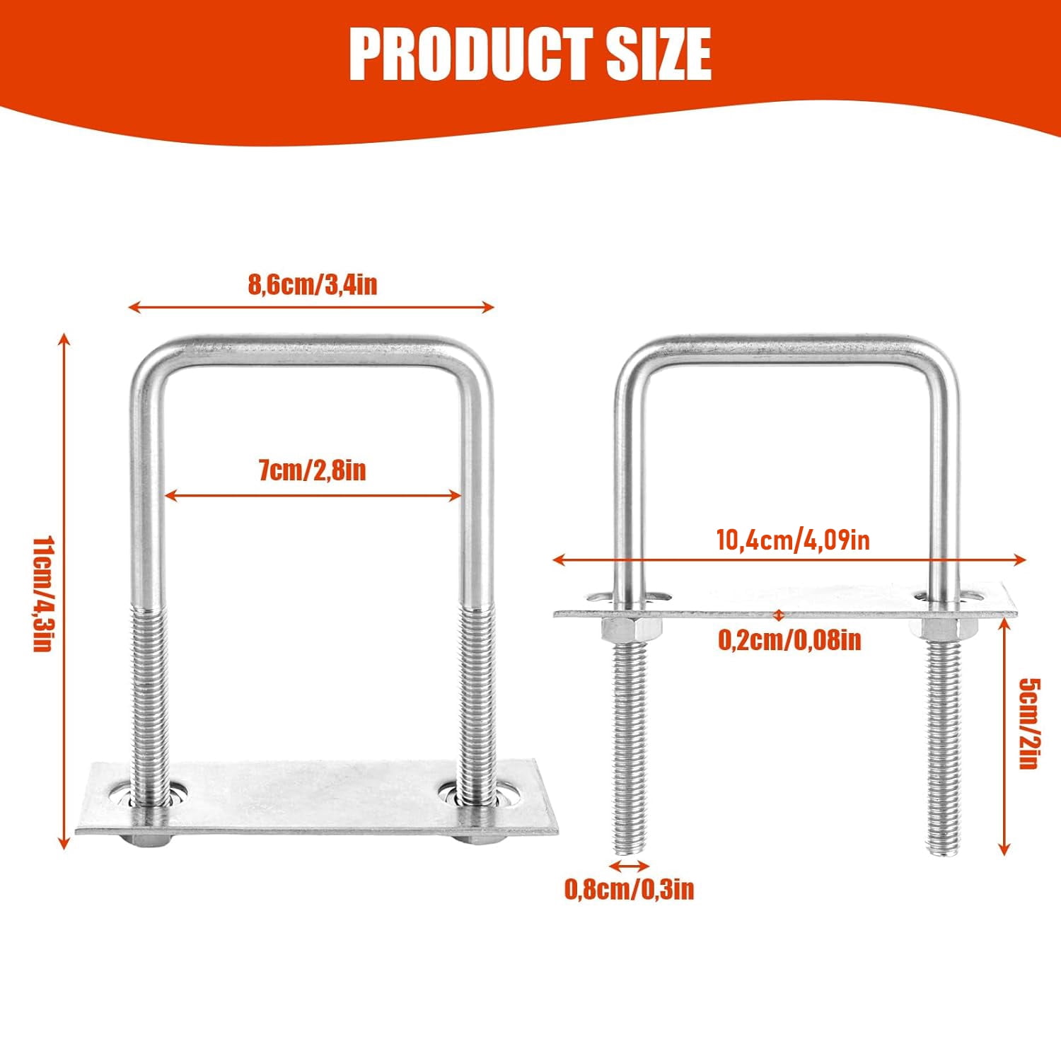 VIVIHEYDAY Square U-Bolts 8 Sets 70x110mm M8 304 Stainless Steel U Clamp Bolt for Automobiles Trailers, Ski Boats, Sailboat Trailers