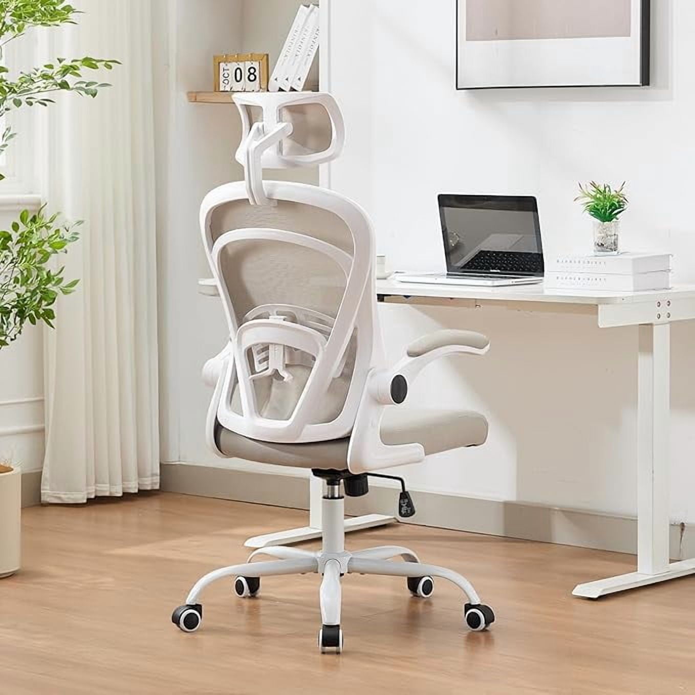 Ergonomic High-Back Mesh Office Chair – Adjustable Headrest & Flip-Up Armrests, Desk Chair with Wheels, 300 lbs Capacity for Home or Study, White