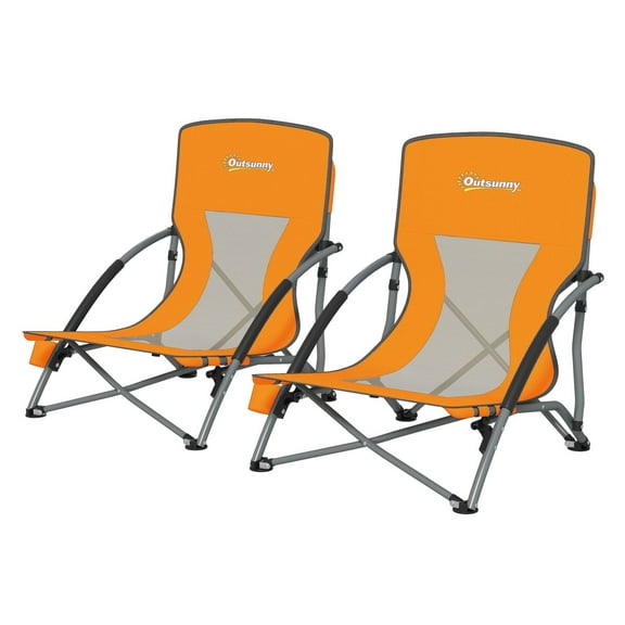 Folding Beach Chairs Set of 2, Portable Camping Chairs with Cup Holder & Carry Bag, Outdoor Lawn Picnic Chairs, Orange