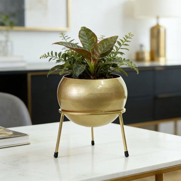 Large Floor Planter with Stand, Decorative Metal Pot with Drainage Holes for Indoor Plants, Elevated Stand for Living Room, Office, Garden Or Balcony