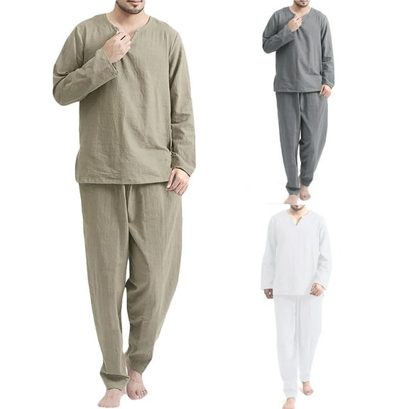 Men Pajamas Solid Color Comfortable Loose V Neck Men Pajamas for Sleeping