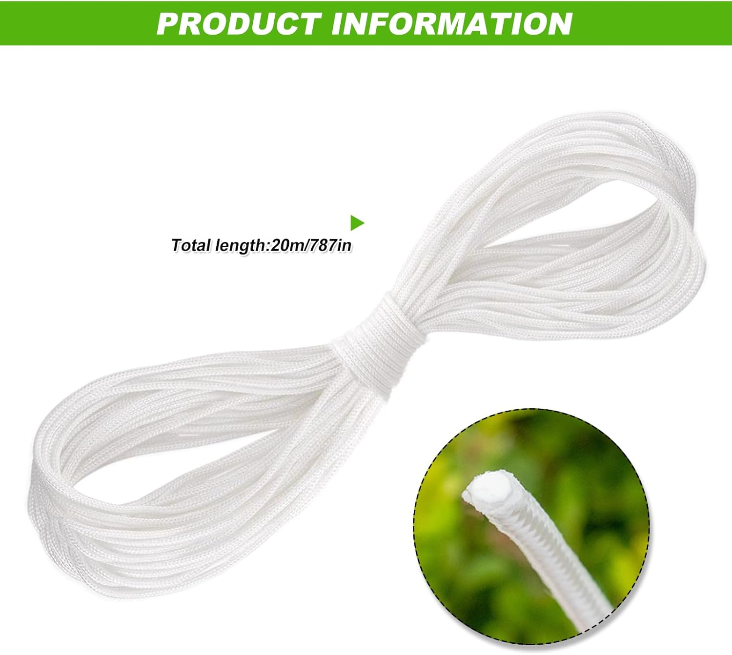 Picture Hanging String Cord 20M × 4mm Heavy Duty Braided Nylon Cord Rope White Strong String for Hanging Mirror Frame Photo Paintings
