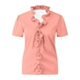 thumbnail image 4 of Charella Lace V Neck Tops for Women Summer Fashion Loose Puff Short Sleeve Blouses Dressy Casual Solid Color Tunic Shirts (L, Watermelon Red), 4 of 6