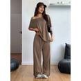thumbnail image 4 of Women'S 2 Piece Travel Outfits Casual Short Sleeve Knit Sweater Set Wide Leg Pants Lounge Sets Dark Brown M, 4 of 8