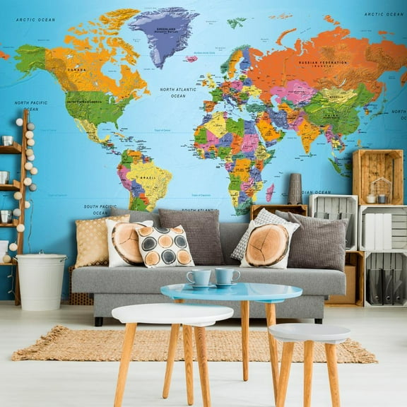 Tiptophomedecor Peel and Stick World Map  Wallpaper Wall Mural - World Map Colourful - Removable Wall Decals