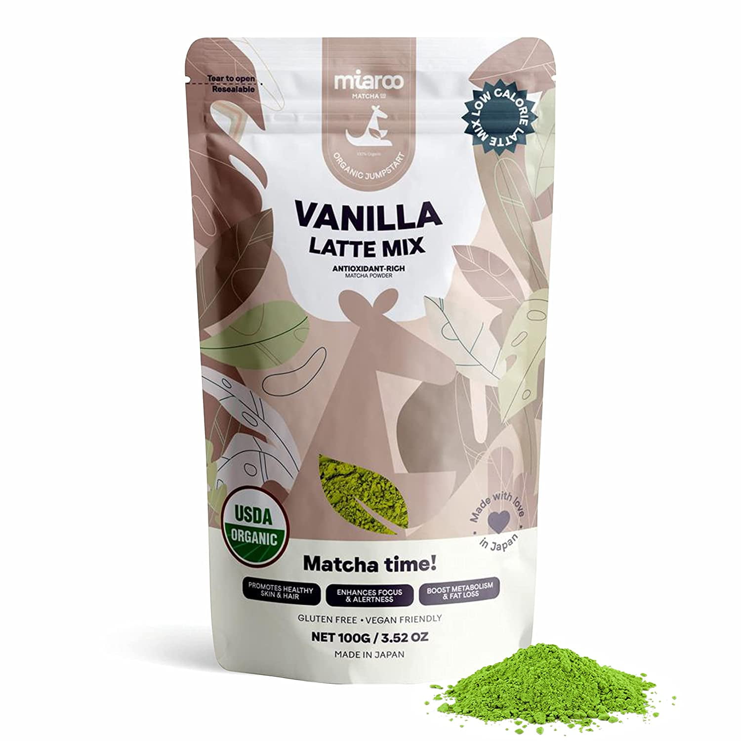 Miaroo Organic Premium Grade Vanilla Matcha Latte Mix (50g Pouch) | Certified Organic Authentic Japanese Matcha | SWEETENED With Organic Pure Cane Sugar