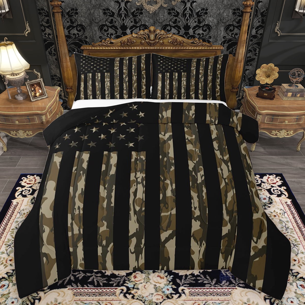 Homewish Camouflage Boys Bedding Comforter Set Retro American Flag Twin Comforter Sets Jungle Branches Print Reversible Bedding Set Breathable Home Decor 2pcs