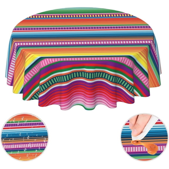 Mexican Blanket Serape Stripe Pattern Colorful Waterproof Picnic Patio Party Round Table Cloth Cover Decorations Fabric 60 Inch Circular Tablecloth For 20-47 Inch Home Dining Room Kitchen Decor