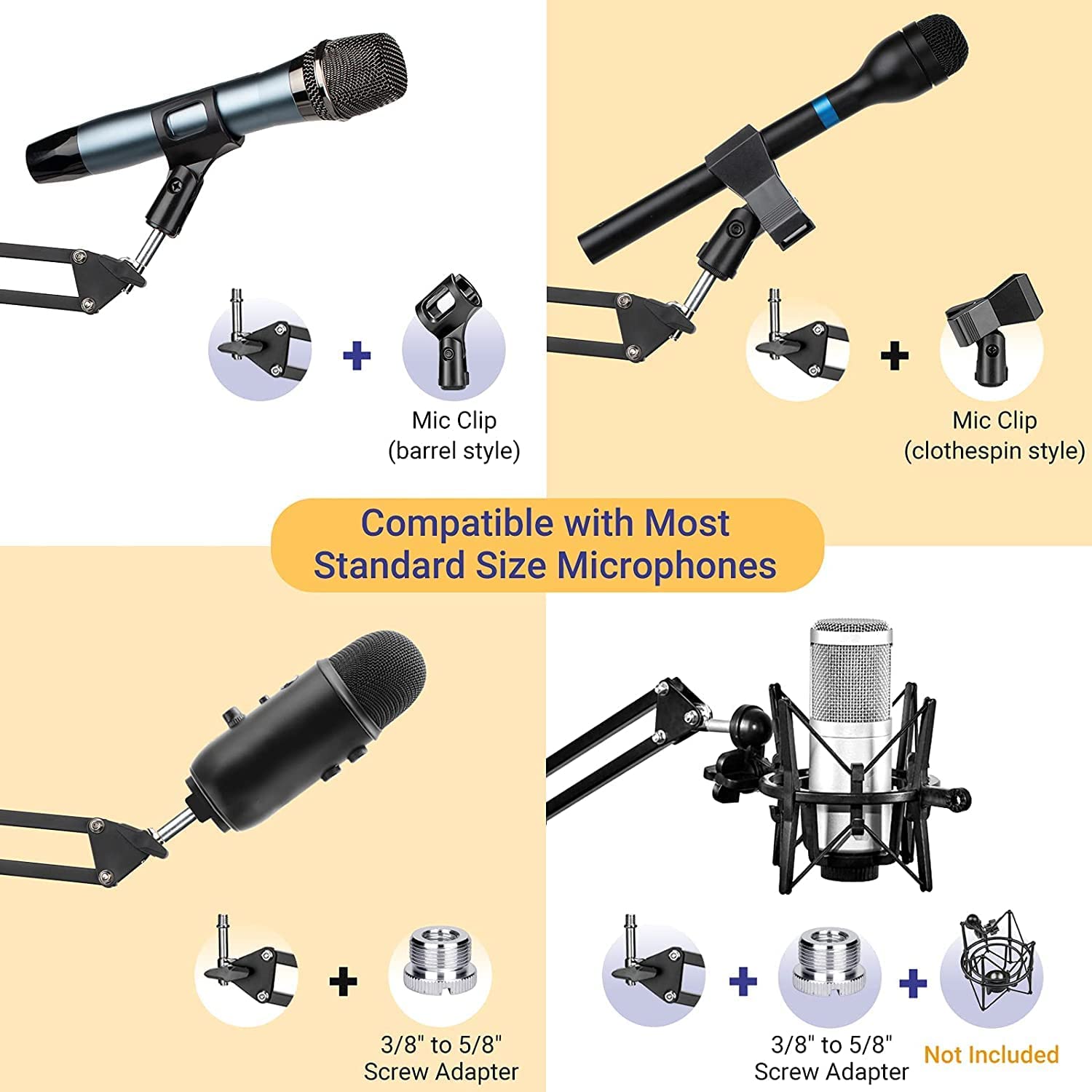 MKEUDQ-2 in 1 Microphone Arm Stand and Phone Stand with Pop Filter 2 Mic Clip and 3/8" to 5/8" Adapter Heavy Duty Adjustable Suspension Boom Scissor Microphone Stand for Blue Yeti Snowball CY0263-1