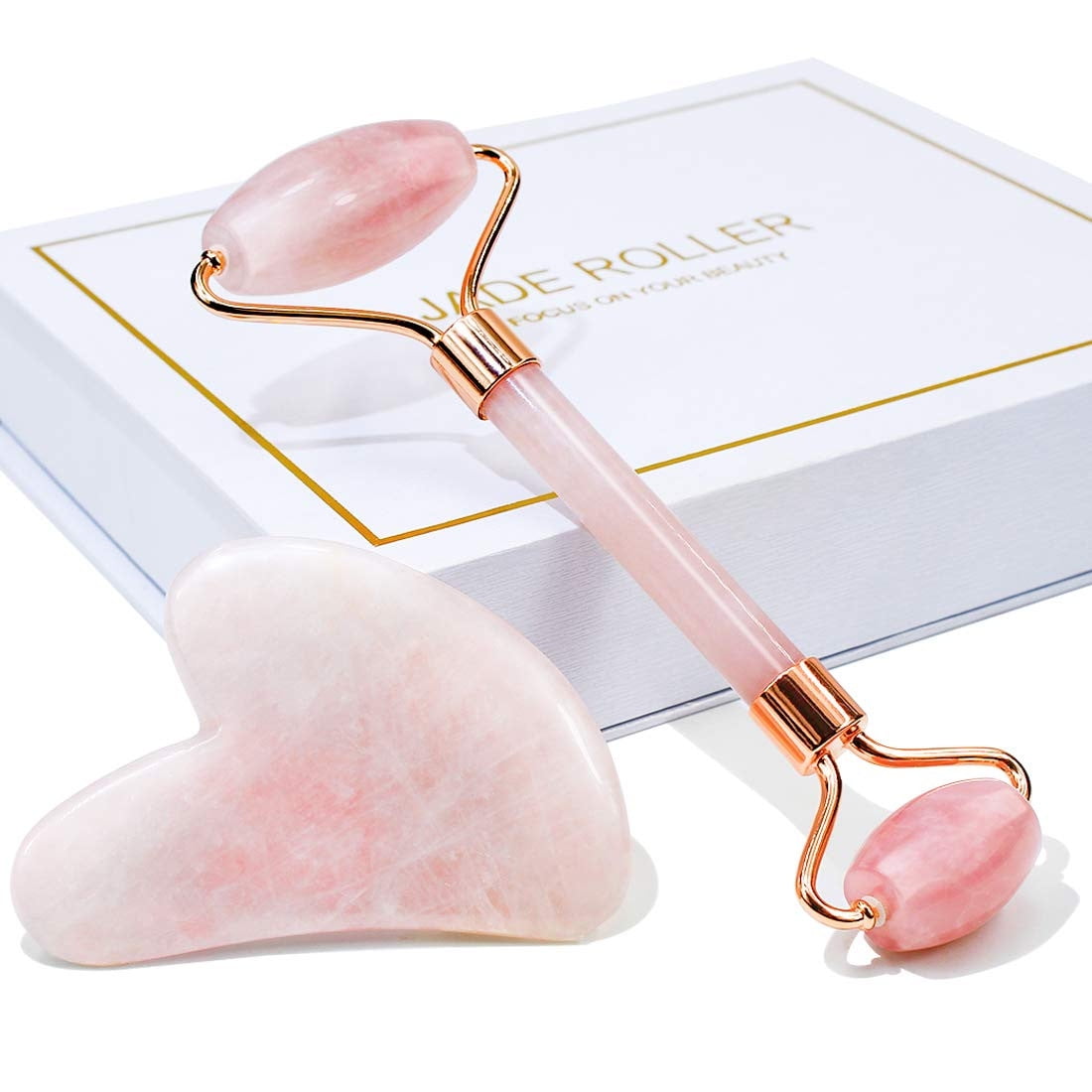 Rouleau De Jade Et Outil Gua Sha En Pierre Naturelle - Kit Massage Facial - Neuf Sous Emballage