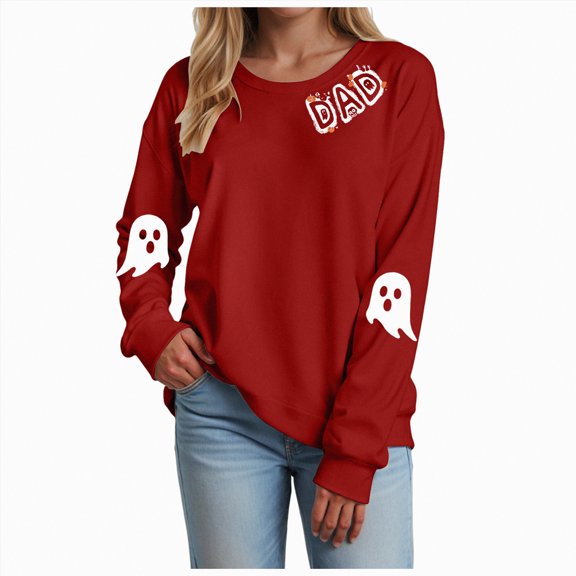 mgoYE Halloween Shirt Women Long Sleeve Crewneck Casual Dressy Tops Funny Graphic Halloween Fall Fashion Outfits(Red,2XL)