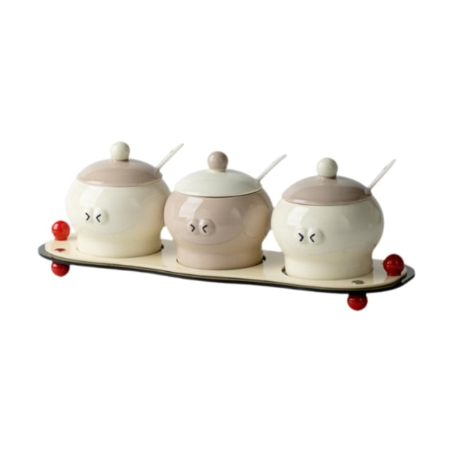 Frascos de cerámica para condimentos, recipiente para especias, recipiente para especias de cocina, juego de tarros con tapa, cuchara y bandeja para Estilo A