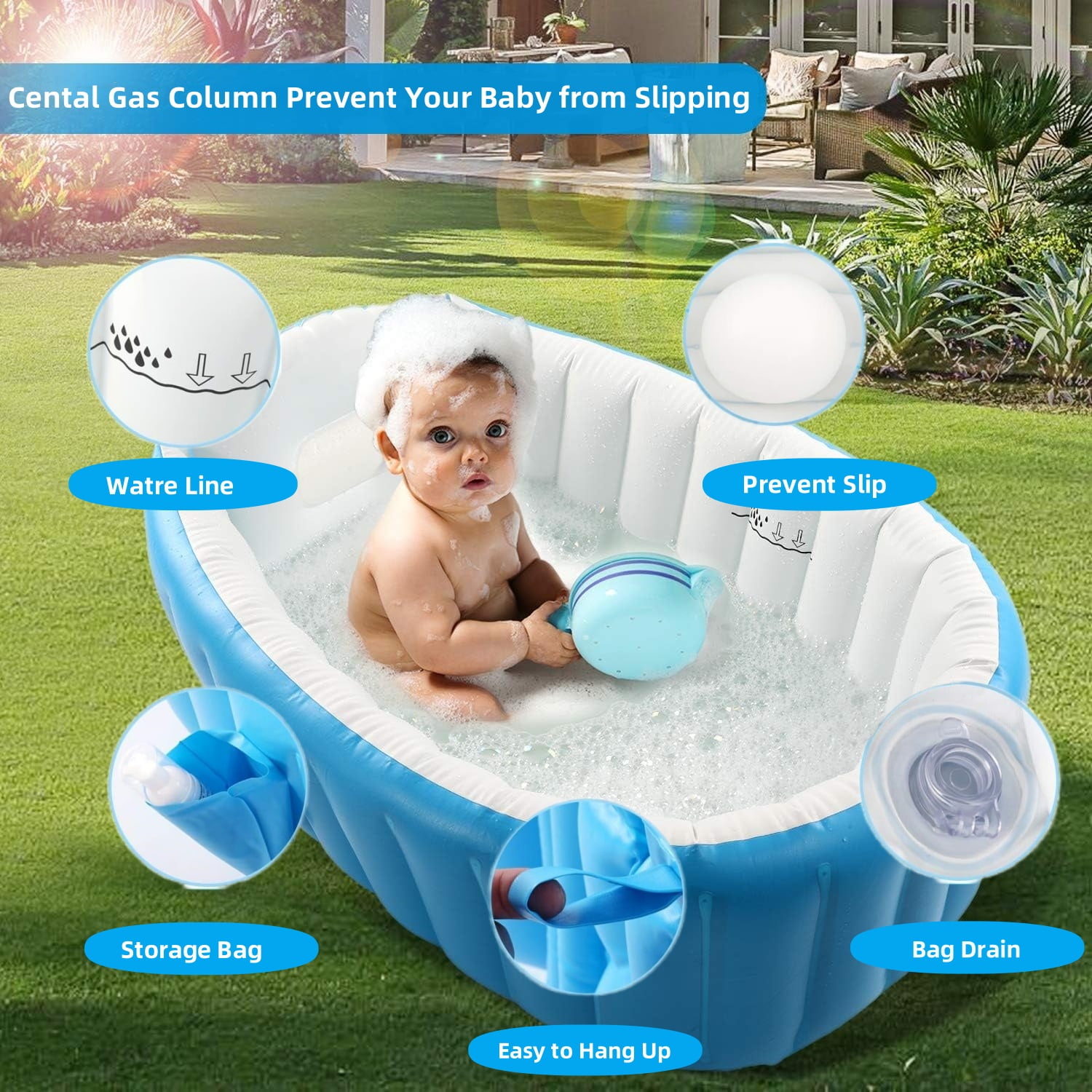 Anti-slip Inflatable Baby Tub,Foldable Shower Basin for Newborn,Comes with Pump ,Patching tools and Bathing toys（dolphins, Fish, frogs）
