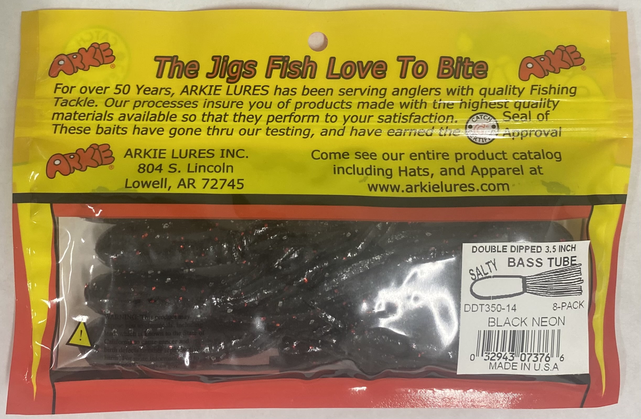Arkie Lures Double Dip Salty Tube Fishing Lure, Black Neon, 3.5"