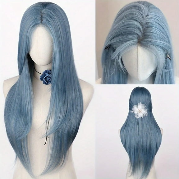 Elegant Long Haze Blue Waves Synthetic Cosplay Wig Featuring Bangs, 4x4 Handwoven Lace Construction, 150% Density, Sleek Heat-Resistant Fiber Hair for Women, Rose Net Cap