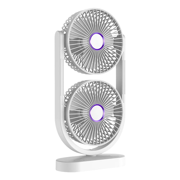 Tower Fan, Dual Head Oscillating Table Fan, USB Desk Fan with 5 Speeds and 360° Rotation, Portable Double Head Personal Cooling Fan, Rechargeable Fan for Bedroom Office Travel Home Use, White