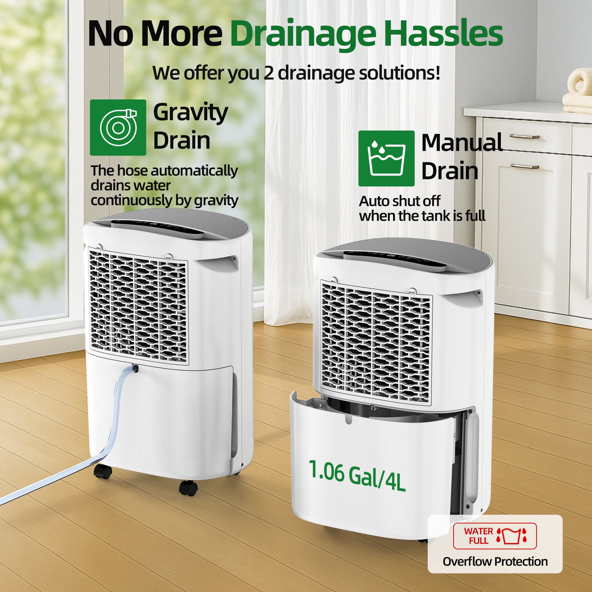50 pt. 5,500 sq. ft. Dehumidifier in White with Drain Hose, 1 Gal. Bucket, 45dB Dehumidifier for Bedroom, Auto Defrost