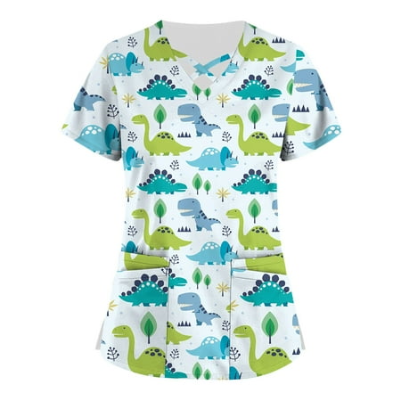 

Apepal Plus Size Cute Printed Scrub Working Uniform Scrub Tops for Women Cross V-Neck Short Sleeve Fun T-shirt Tee with Pockets
