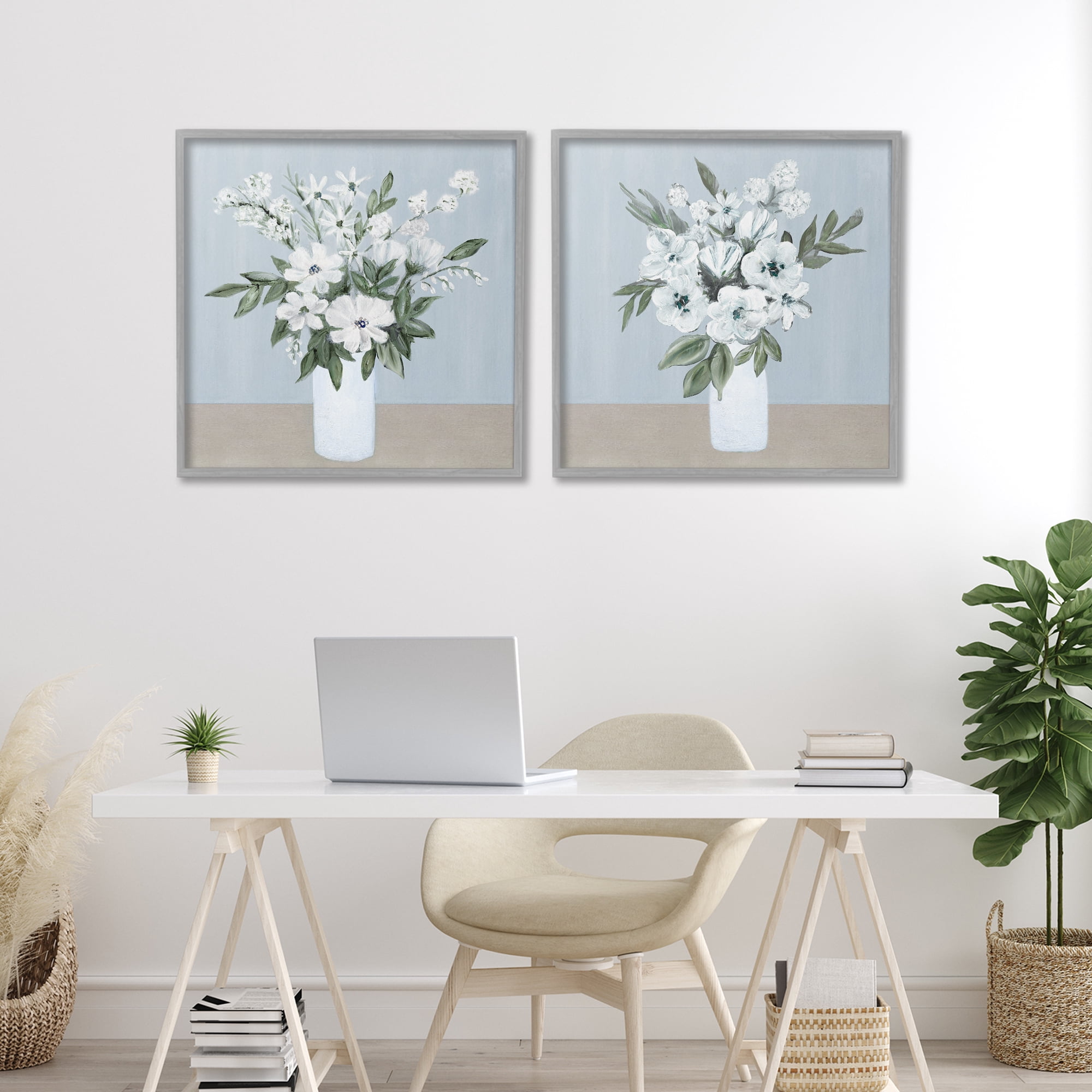 Stupell Industries Mixed White Blossoms 2 Piece Gray Framed Giclee Art Set, design by Marilyn Dunlap