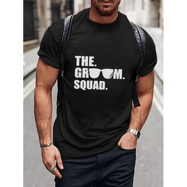 Men'S Casual Crew Neck T-Shirt - "The Groom Squad" Print, Short Sleeve, Polyester Knit Fabric, Regular Fit, Summer Top for Going Out - H Style, 150gsm Tee For Adult, Men, Women, Teen, Teenag
