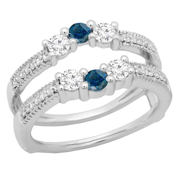 Dazzlingrock Collection 0.80 Carat (ctw) 14K Blue & White Diamond Wedding Band 3 Stone Guard Ring 3/4 CT, White Gold, Size 7