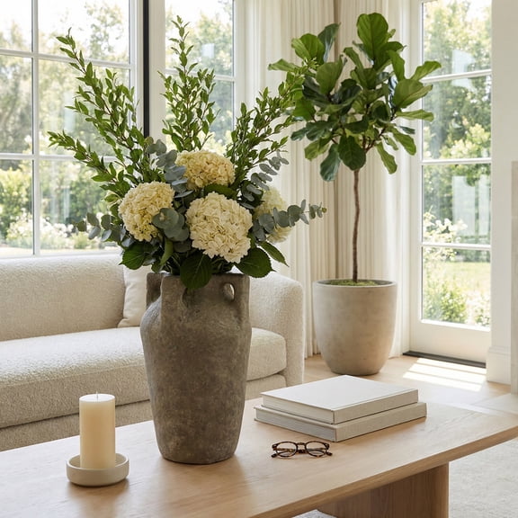 Modern Tall Textured Vase with Handles for Living Room Decor - Decorative Flower Vase for Bedroom, Office, and Home Decor - Versatile House Vase Perfect for Dining Room Table Decor - 21", Tan