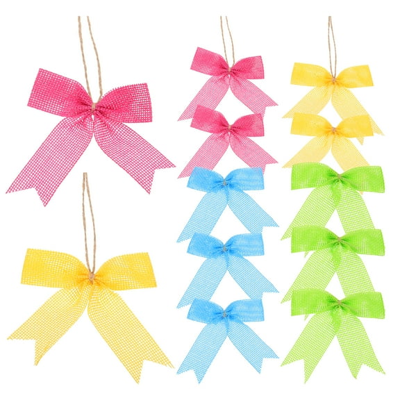 3 Inch Mini Burlap Bows for Crafts Handmade Bow Knot Natural Decorative Ornament Bow, Pink/Yellow/Green 12 Pcs