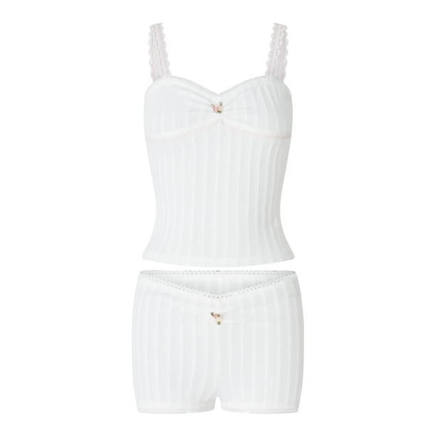 Mujeres Pantalones Traje Fiesta Casual Verano Chaleco Sin Mangas Crop Tops Encaje Floral Pantalones Cortos Nituyy Conjunto de top y pantalón de encaje blanco de verano