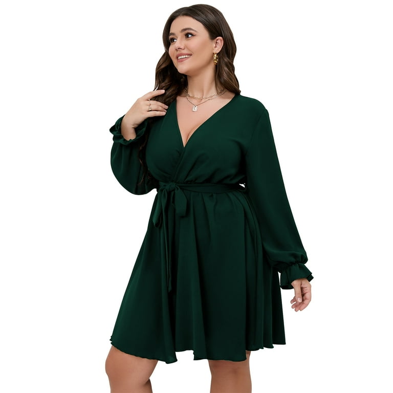 SCOMCHIC Women s Plus Size Casual Dresses Long Sleeve V Neck Dress with Belt Tie Emerald Green Dress 4XL Walmart