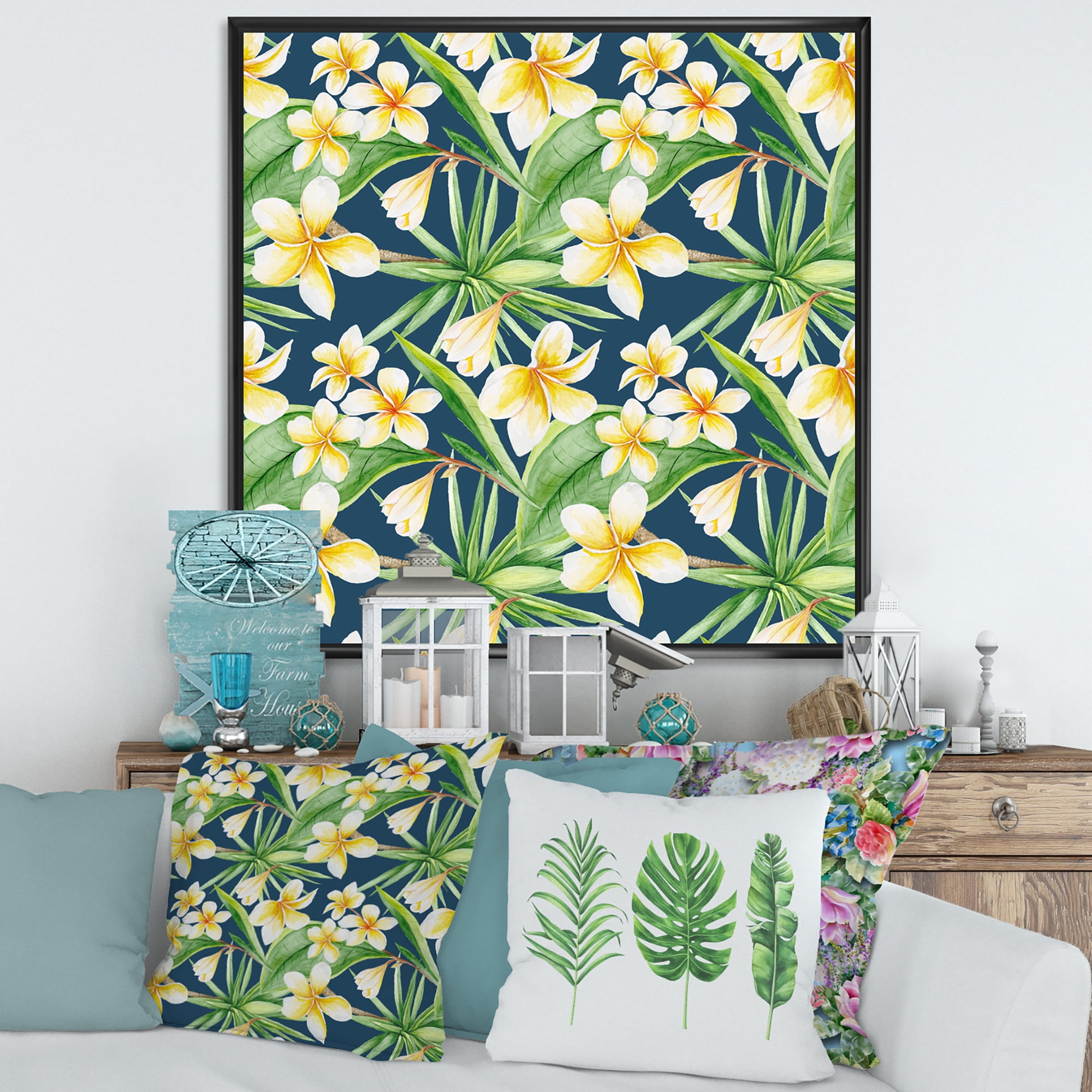 Designart 'Yellow Flowers and Tropical Foliage VIII' Modern Framed Canvas Wall Art Print