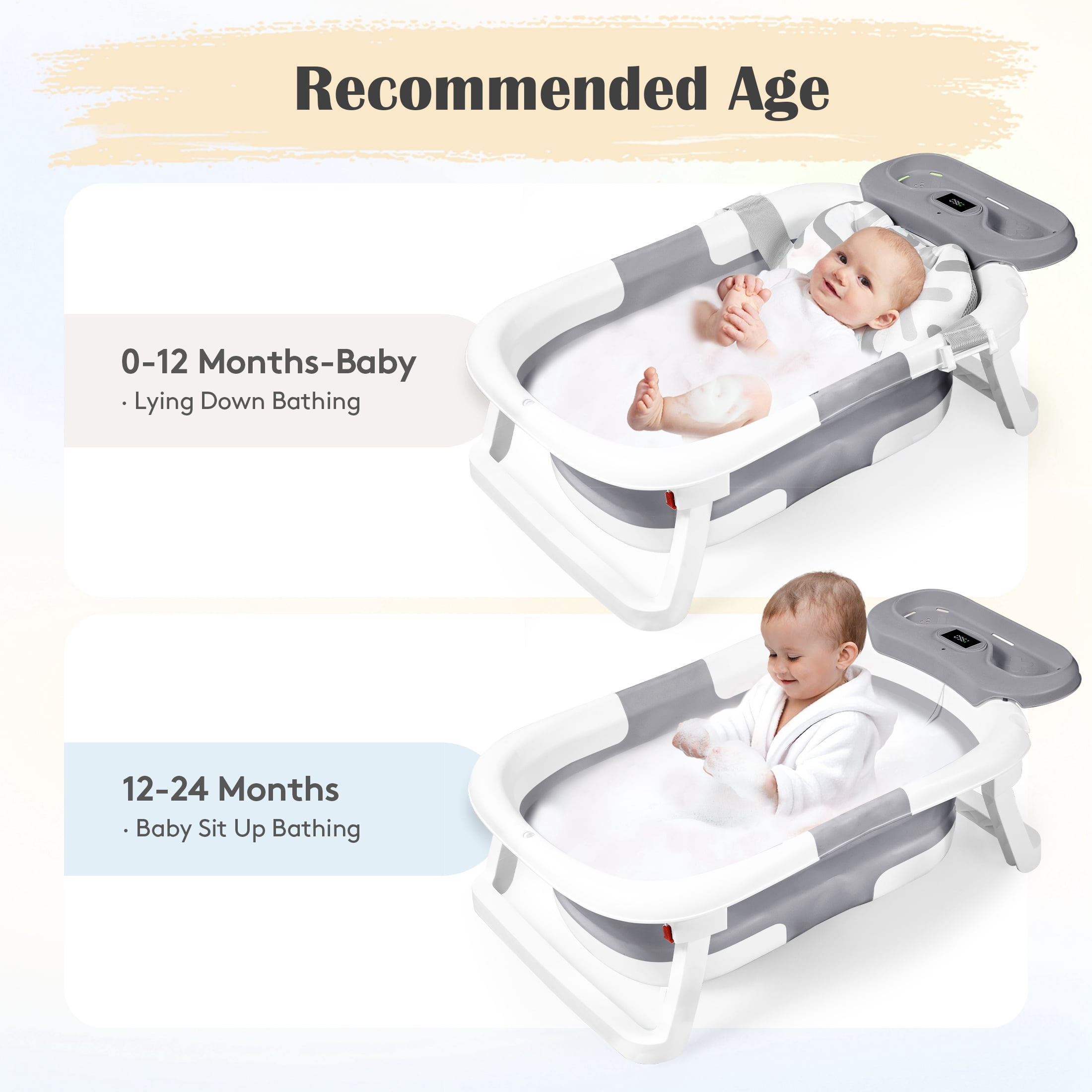 Babyomi Collapsible Baby Bathtub, infant tub for newborn with Temperature Sensor and Storage Tray, Portable Bath Tub forTravel, Gray
