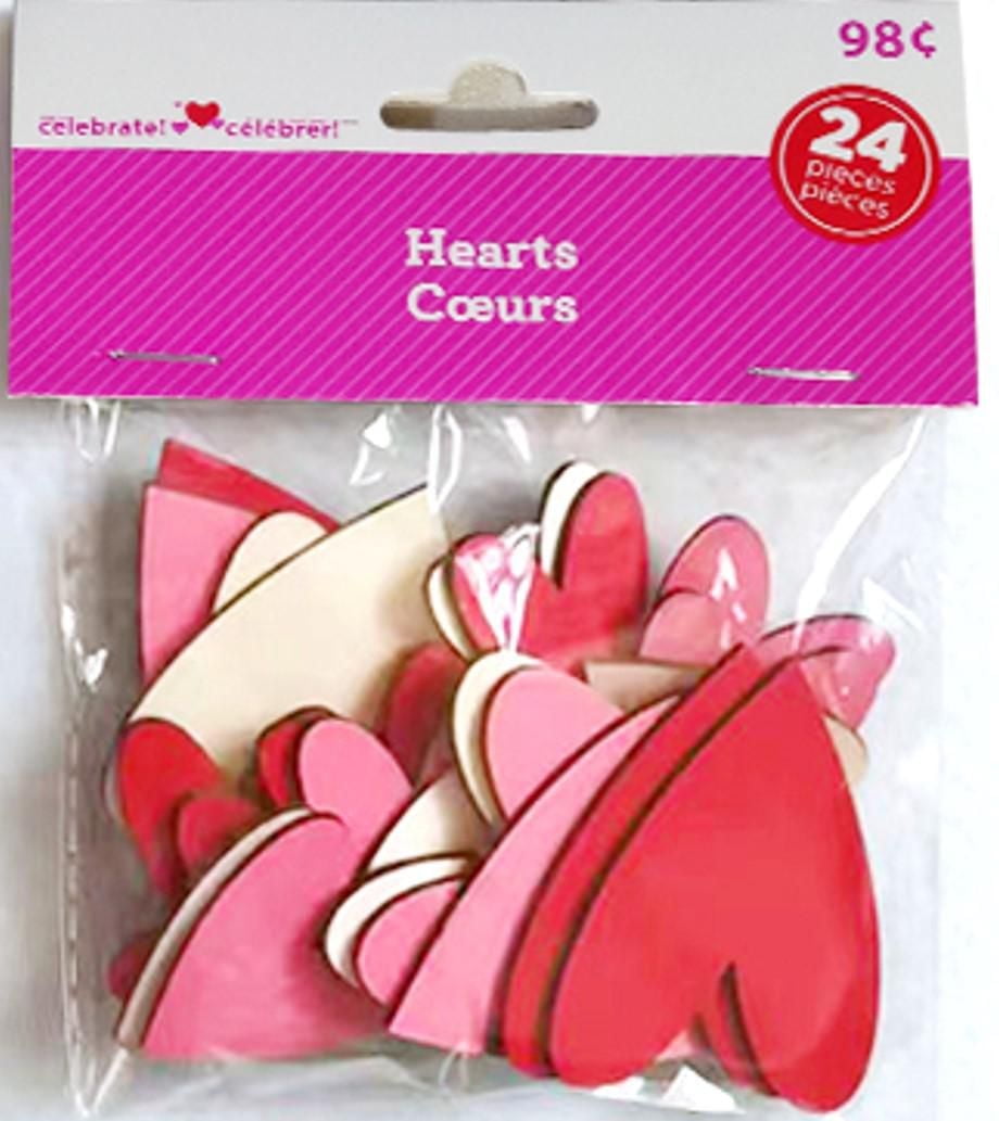 Way to Celebrate 24 Count Wood Hearts, Red and Pink