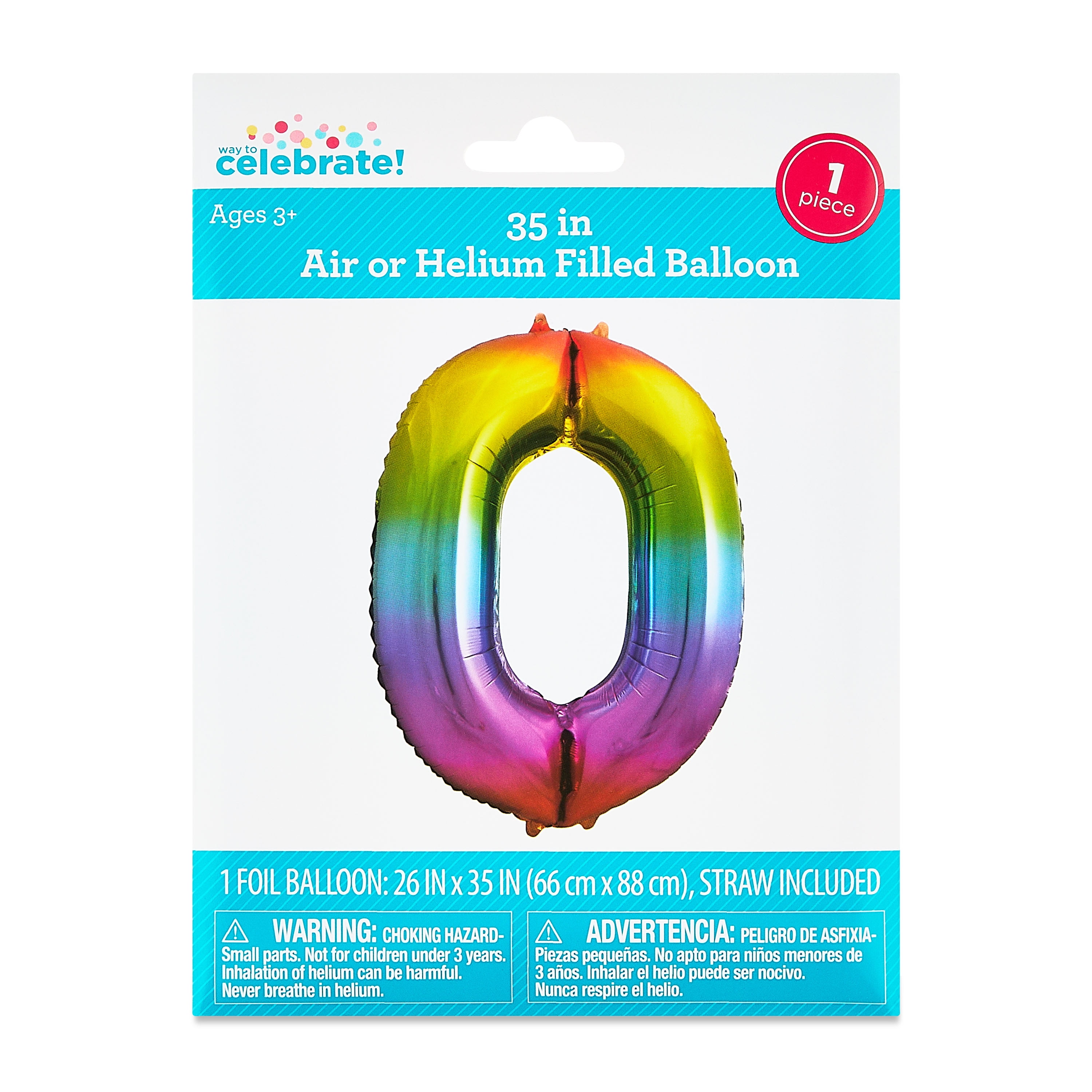 Rainbow Ombre Number 0 Foil Balloon, 35", by Way To Celebrate