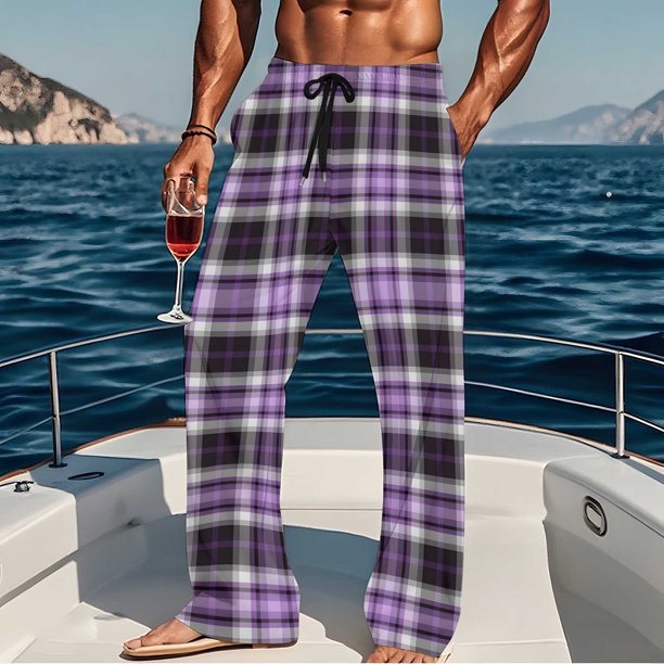 Pantalones de pijama largos para hombre, informales, con estampado a cuadros, holgados, deportivos, elásticos, rectos, vintage, con bolsillos