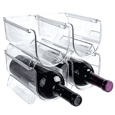 Set of 4 Wine and Water Bottle Organizer, Stackable Plastic Wine Rack Holder for Pantry, Kitchen, Fridge, Ideal Storage for Wine, Soda, Pop and Beer, Clear
